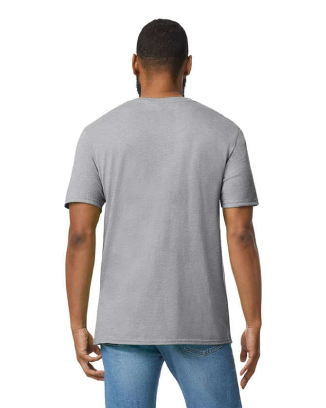 A grey Gildan Softstyle adult v-neck t-shirt displayed from the back, featuring a plain design and a logo.