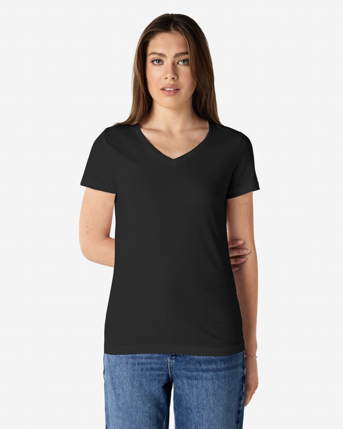 A black ladies' V-neck T-shirt displayed on a model, featuring short sleeves and a fitted silhouette.