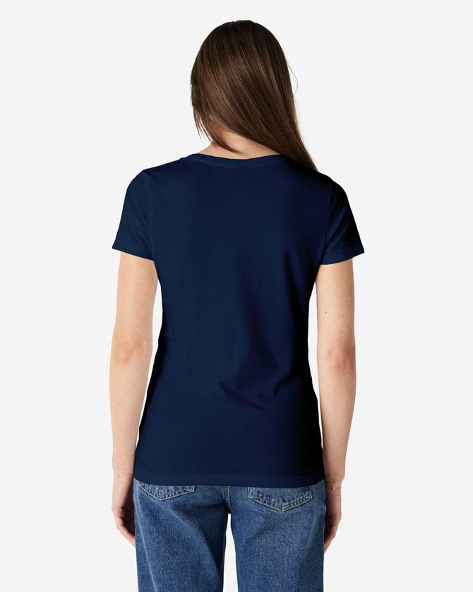 A navy blue Gildan Softstyle ladies' v-neck t-shirt, viewed from the back, featuring a plain design and fitted silhouette.