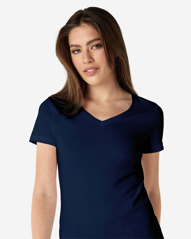 A navy Gildan Softstyle ladies' V-neck T-shirt displayed on a model, featuring a fitted design and short sleeves.