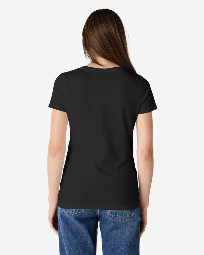 A black Gildan Softstyle ladies' V-neck T-shirt displayed from the back on a model.