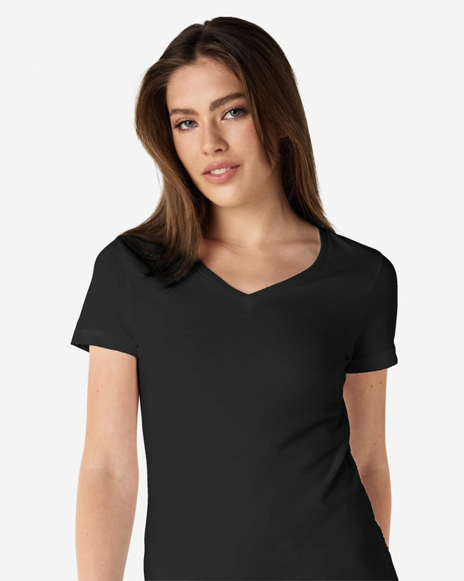 A black Gildan Softstyle ladies' V-neck T-shirt displayed on a model with straight hair. It features a logo.