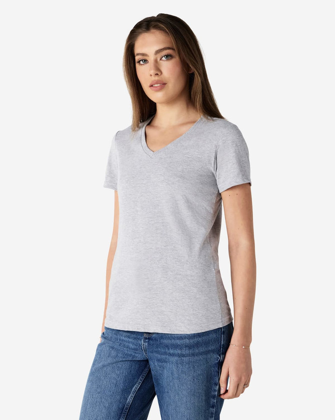 A grey ladies' V-neck T-shirt with short sleeves, featuring a subtle logo on the design.