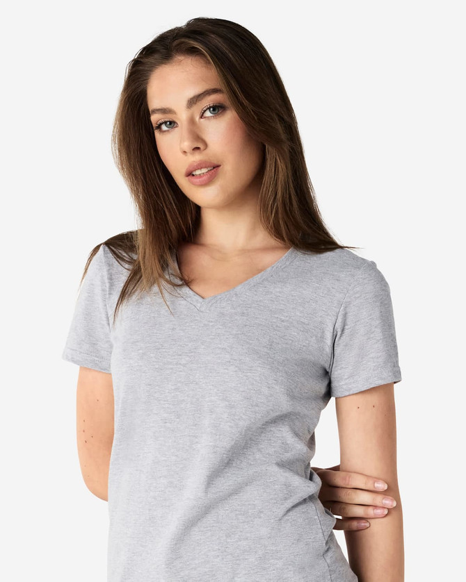 A grey Gildan Softstyle ladies' V-neck t-shirt with a fitted design and short sleeves.
