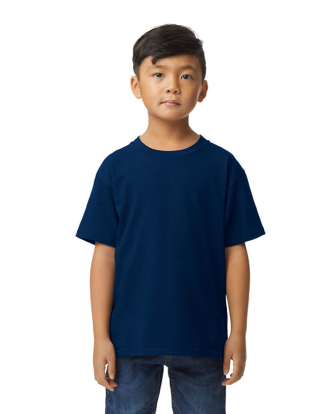 A youth midweight T-shirt in navy blue, displayed on a child mannequin. The shirt features a logo on the front.
