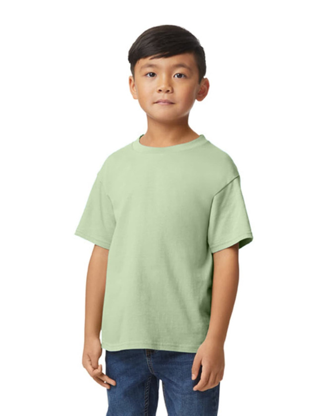 A midweight youth T-shirt in soft sage green, featuring a simple design and a branding logo.