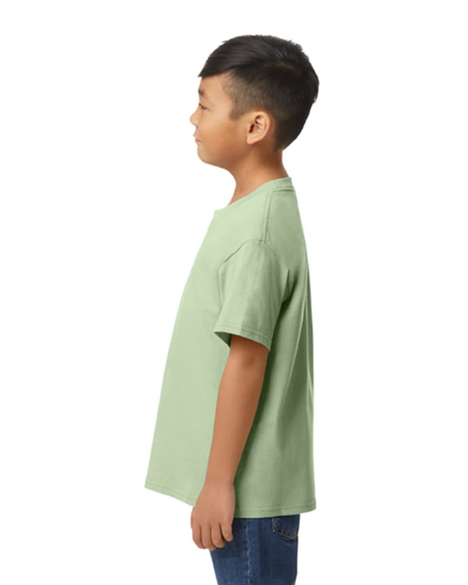 A youth midweight T-shirt in light green, featured from the back, with a logo on the back.