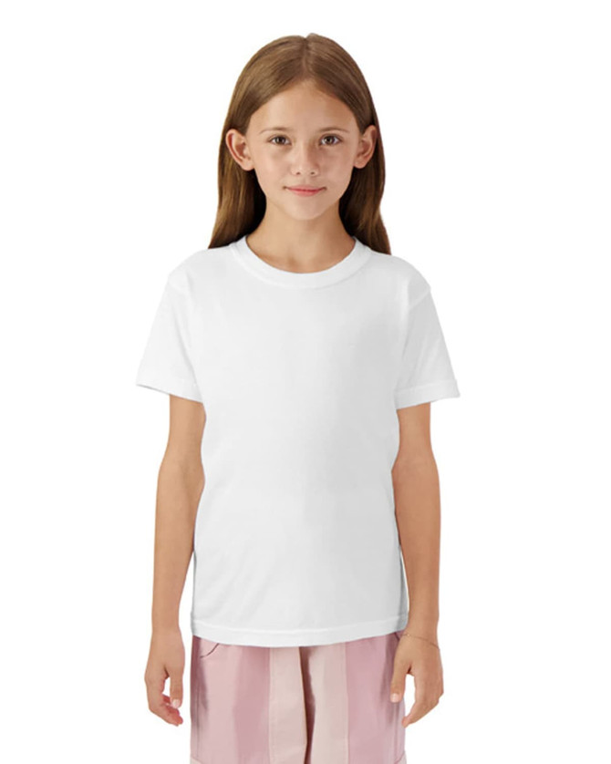 A youth short sleeve t-shirt in white, featuring a simple design and includes a logo.