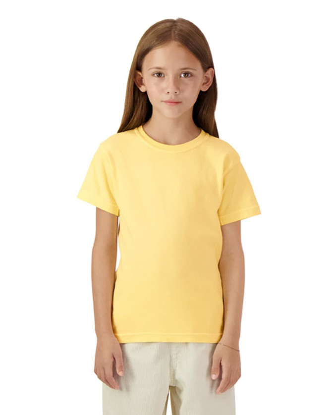 A yellow youth short sleeve T-shirt with a classic crew neck, featuring a simple design and a logo.