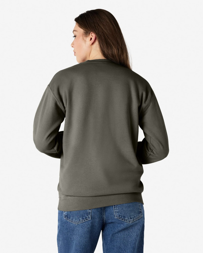 A back view of a woman wearing an olive green Gildan Softstyle adult sweatshirt with a logo.