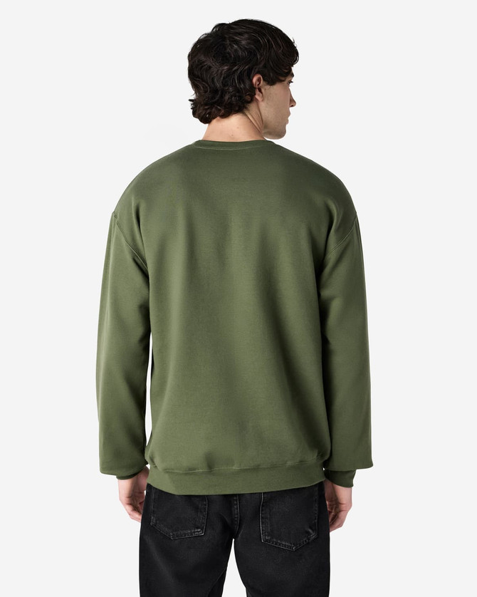 A green Gildan Softstyle adult sweatshirt is displayed from the back, featuring a simple design.