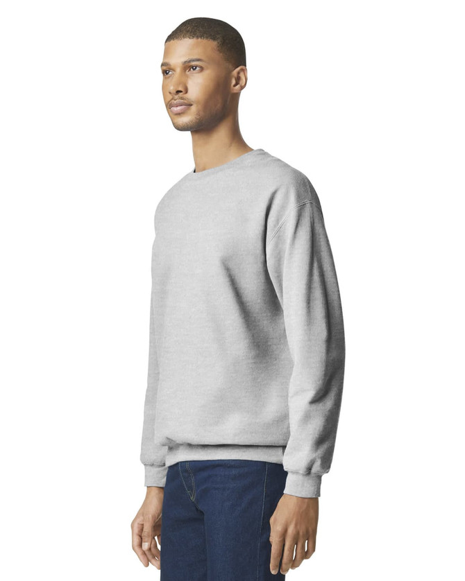 A grey Gildan Softstyle adult sweatshirt displayed on a mannequin, featuring a crew neck and long sleeves.