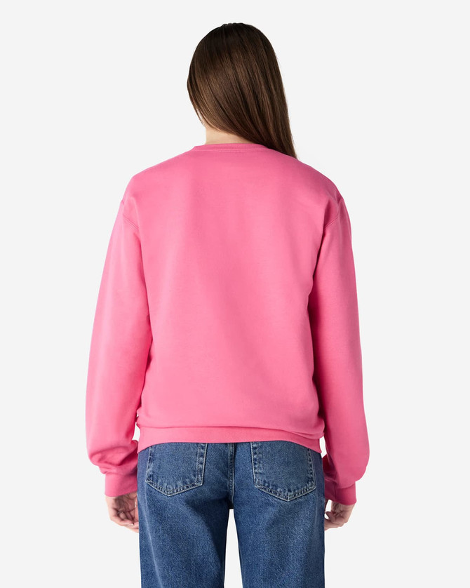 A pink Gildan Softstyle adult sweatshirt seen from the back, paired with blue jeans. The sweatshirt has a logo.