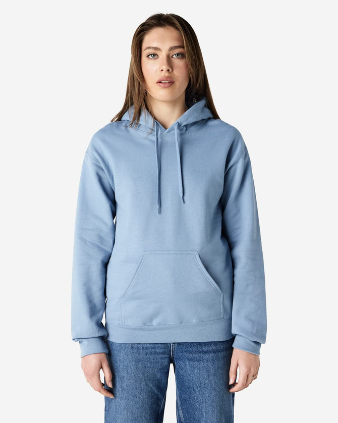 A soft blue adult hooded sweatshirt with a front pocket and a hood, featuring a logo on the chest.