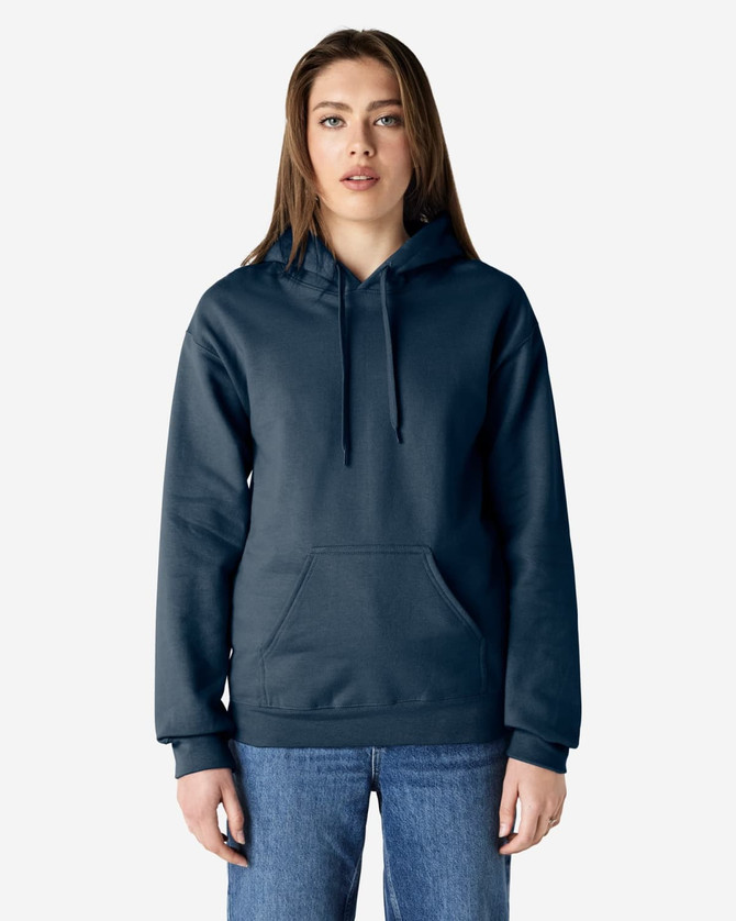 A navy adult hooded sweatshirt with a front pocket and a drawstring hood. It features a logo.