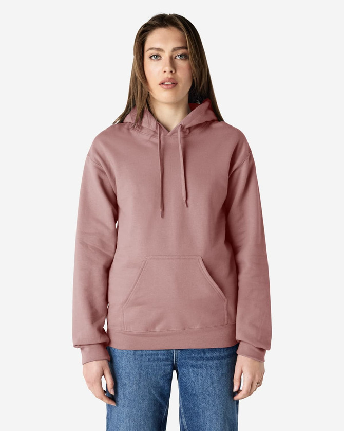 A hooded sweatshirt in a mauve colour, featuring a front pocket and drawstrings, worn by a model.