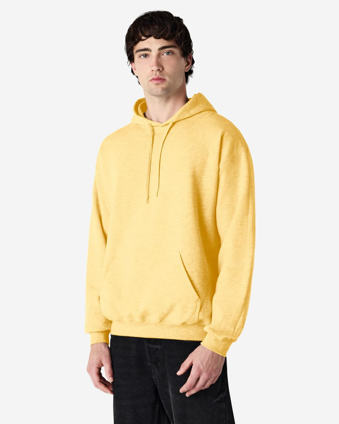 A yellow Gildan Softstyle adult hooded sweatshirt with a kangaroo pocket and a logo on the front.