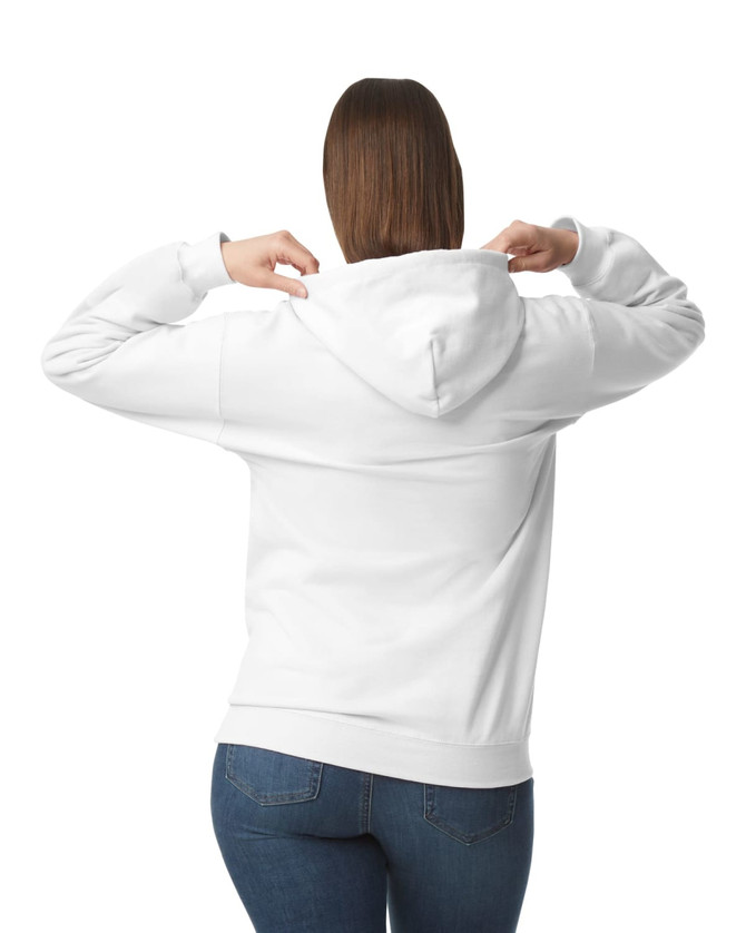 A white hooded sweatshirt featuring a back view, showing a female model adjusting the hood.