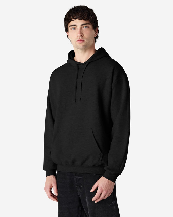 A black hooded sweatshirt with a front pocket and a drawstring hood, featuring a logo.