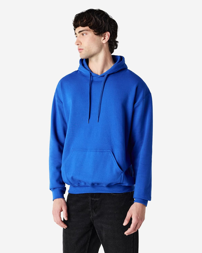 A blue Gildan Softstyle adult hooded sweatshirt in a relaxed fit, featuring a front pocket and adjustable drawstrings.