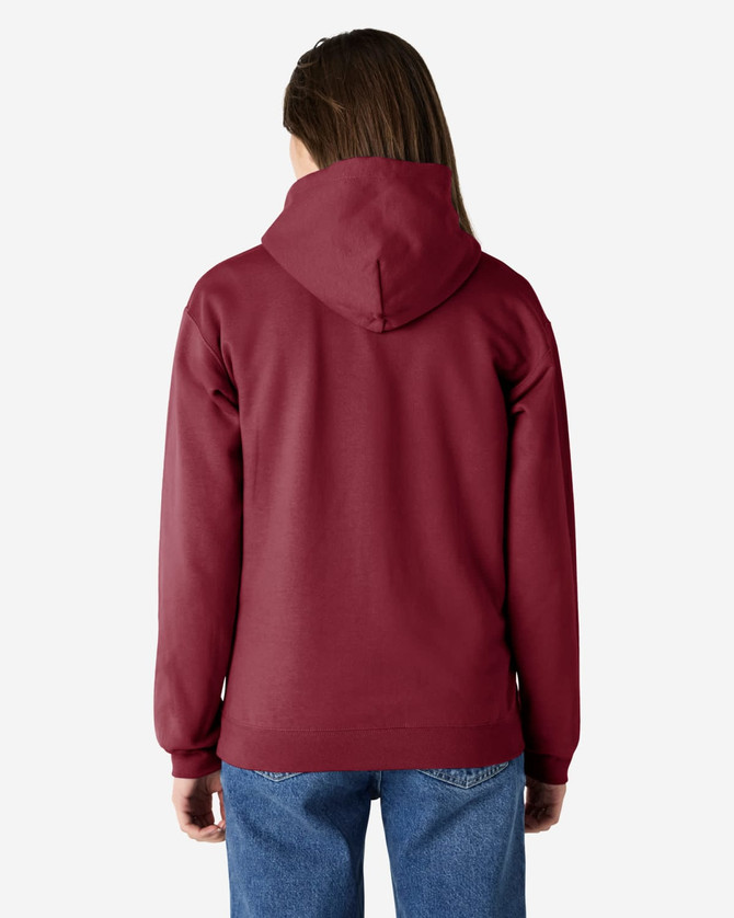 A maroon Gildan Softstyle adult hooded sweatshirt, featuring a back view with a hood and long sleeves.