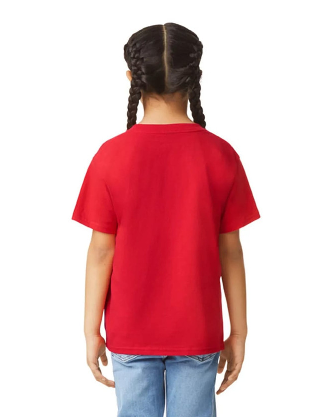 A red Gildan youth short sleeve T-shirt viewed from the back, featuring a simple design.