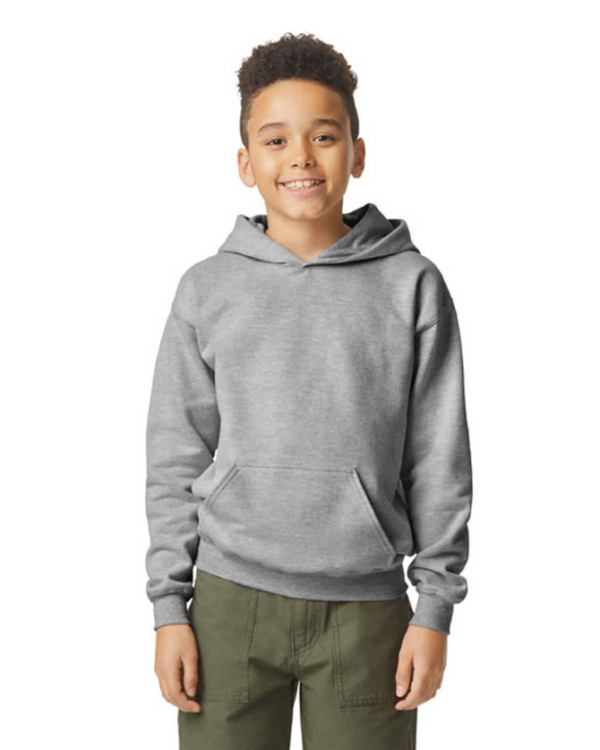 A youth hooded sweatshirt in grey, featuring a front pocket and a drawstring hood. It includes a logo on the chest.