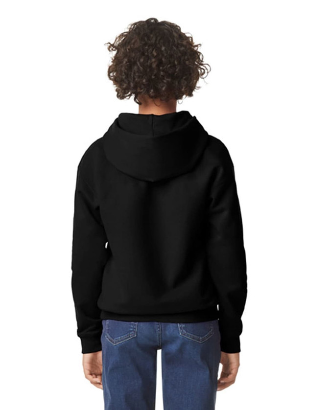 A black youth hooded sweatshirt with a kangaroo pocket and a hood, featured from the back.