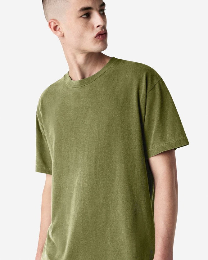 A unisex heavyweight cotton T-shirt in olive green, featuring a relaxed fit and crew neck. Includes branding.