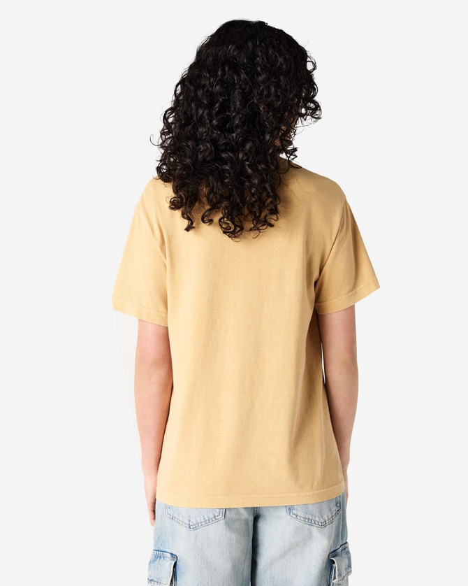 A unisex garment dyed heavyweight cotton t-shirt in a warm beige colour, viewed from the back. Features a logo.