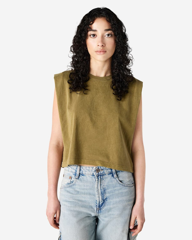 A women's muscle T-shirt in olive green, featuring a sleeveless design with a cropped fit and a logo.