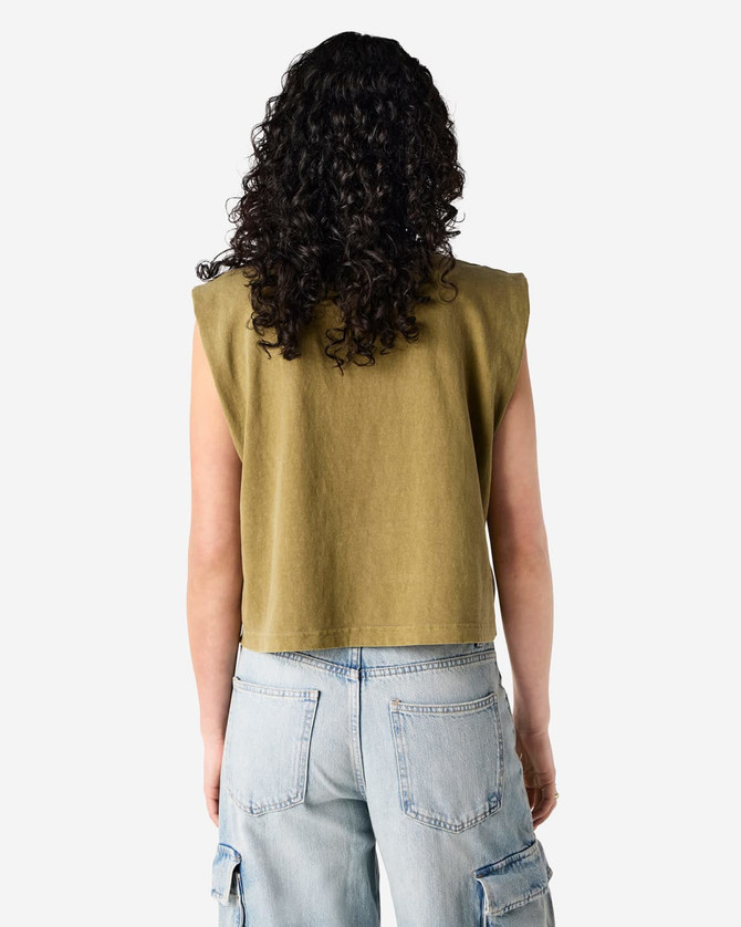 A green women's muscle t-shirt with a cropped design, featuring cap sleeves and a plain back view.