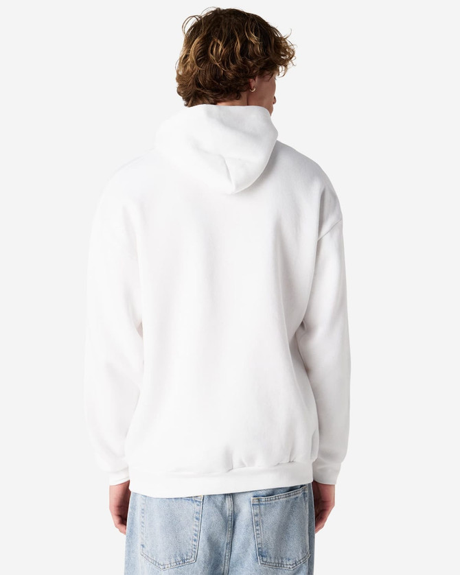 A unisex hooded sweatshirt in white, featuring a spacious hood and a back view of a model. It includes a logo.
