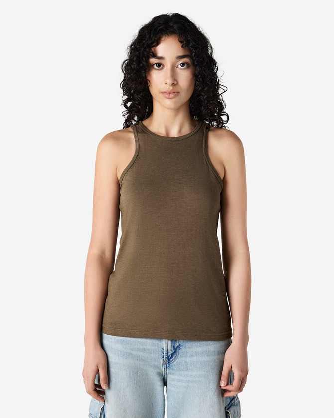 A fitted women's racerback tank top in olive green with a branding logo.