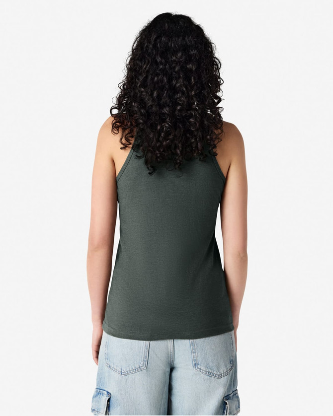 A green women's racerneck tank top with a fitted style and a logo on the back, paired with casual denim bottoms.