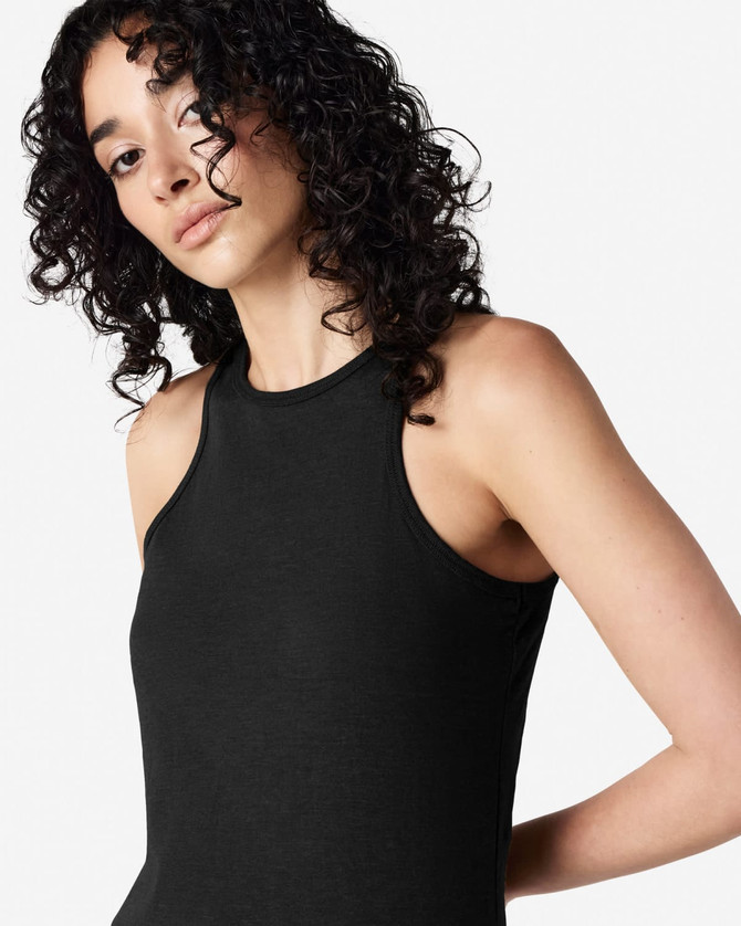 A black women's racerneck tank top with a fitted design and a subtle logo.