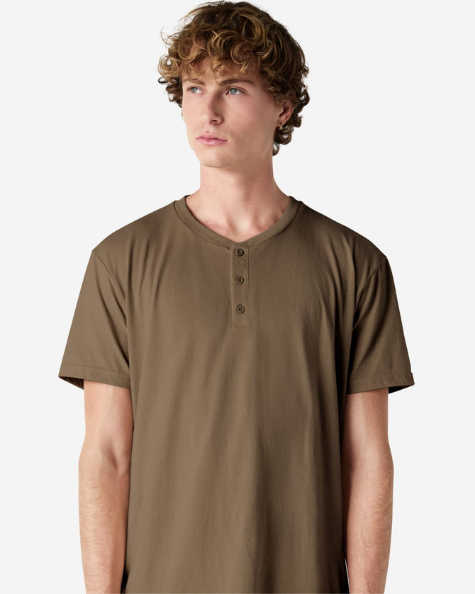 A unisex henley t-shirt in a muted brown colour, featuring a buttoned neck and short sleeves.