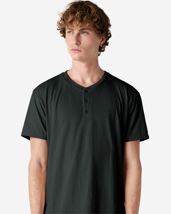 A unisex black henley t-shirt featuring a buttoned neckline and short sleeves. The shirt includes a logo.