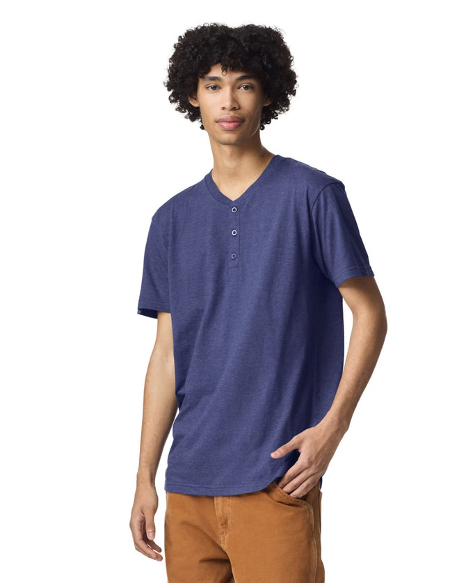 A unisex Henley T-shirt in a deep navy colour, featuring a three-button placket and a relaxed fit.
