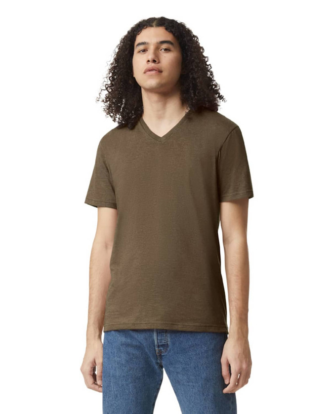 A unisex olive green V-neck t-shirt with short sleeves, displayed on a model. The shirt features a logo.