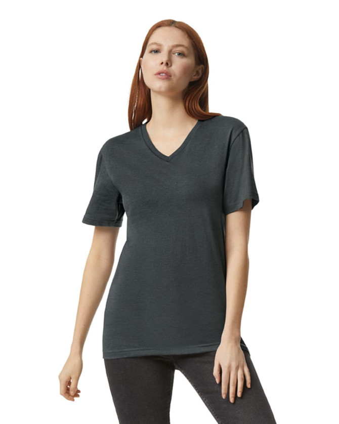 A unisex V-neck T-shirt in dark grey with short sleeves and a slim fit. Features branding on the shirt.