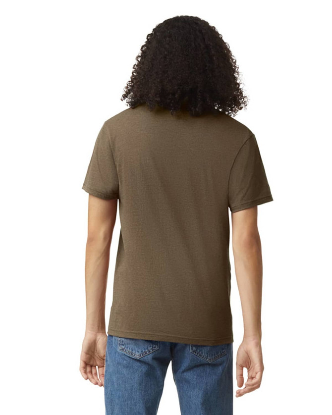 A unisex olive green V-neck T-shirt with a plain back view, featuring a logo.