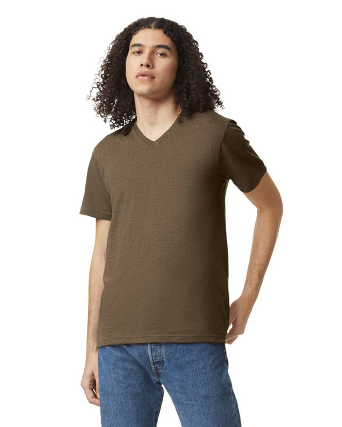A unisex V-neck T-shirt in olive green, featuring short sleeves and a relaxed fit. It has a subtle logo.