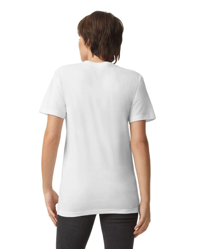 A white unisex V-neck T-shirt with short sleeves, featuring a plain back and a logo on the side.