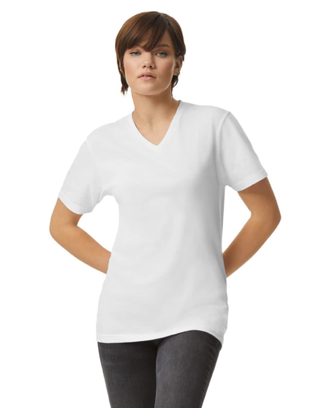 A white unisex V-neck T-shirt displayed on a model, featuring short sleeves and a logo.