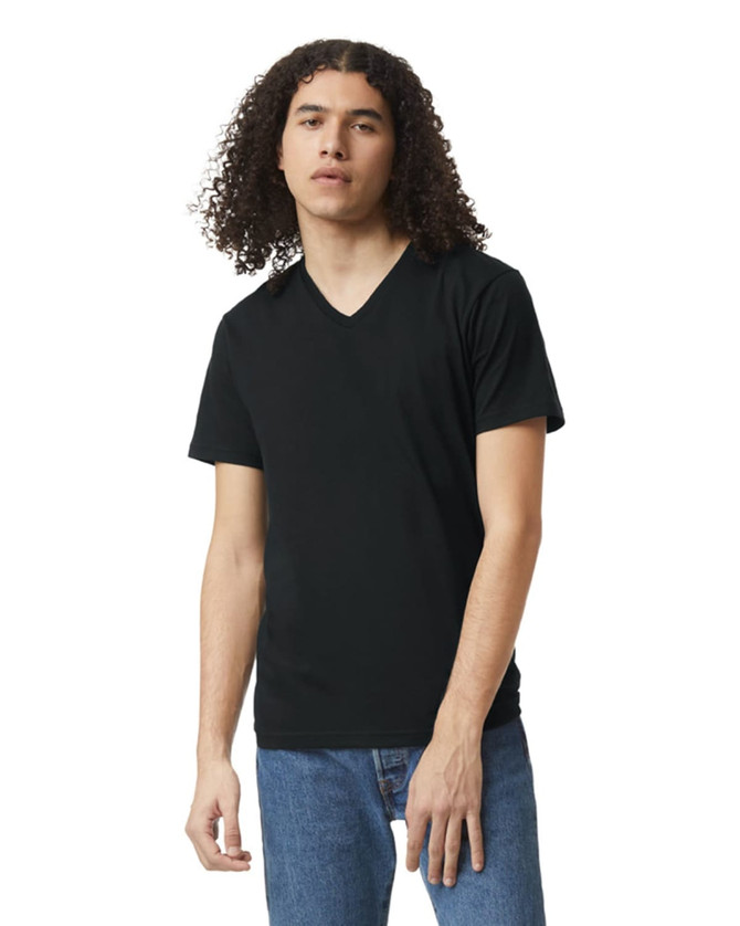 A black unisex V-neck T-shirt displayed on a model, featuring short sleeves and a simple design.