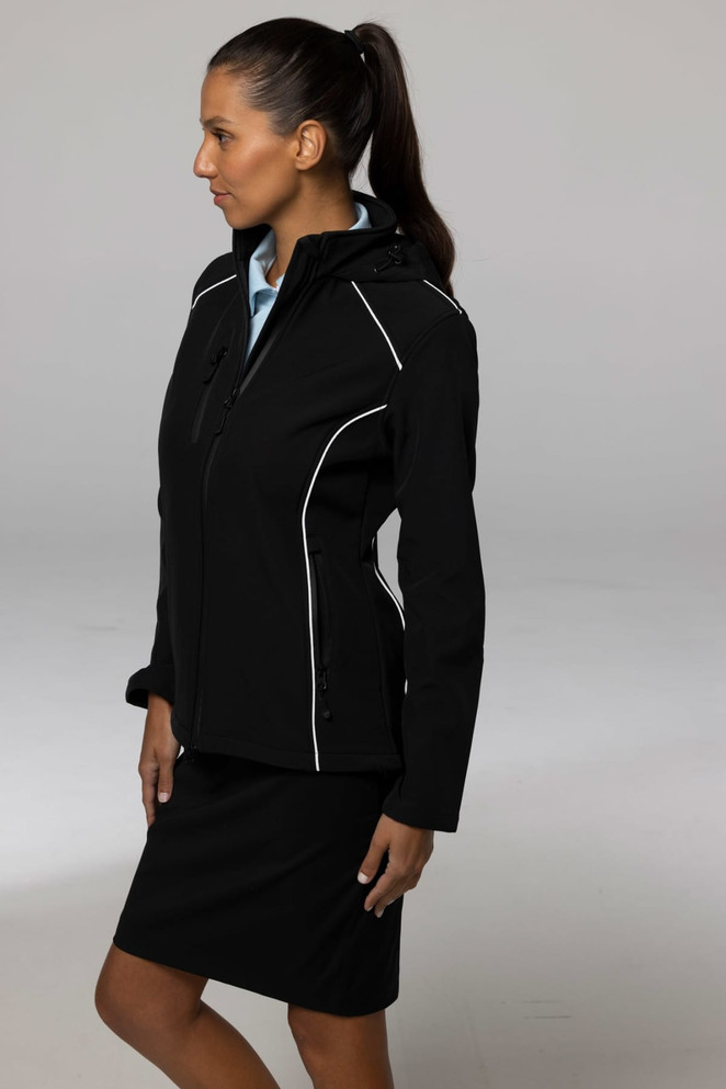 A black women's jacket with white piping details, featuring a zip-up front and a hood. Brand logo is visible.