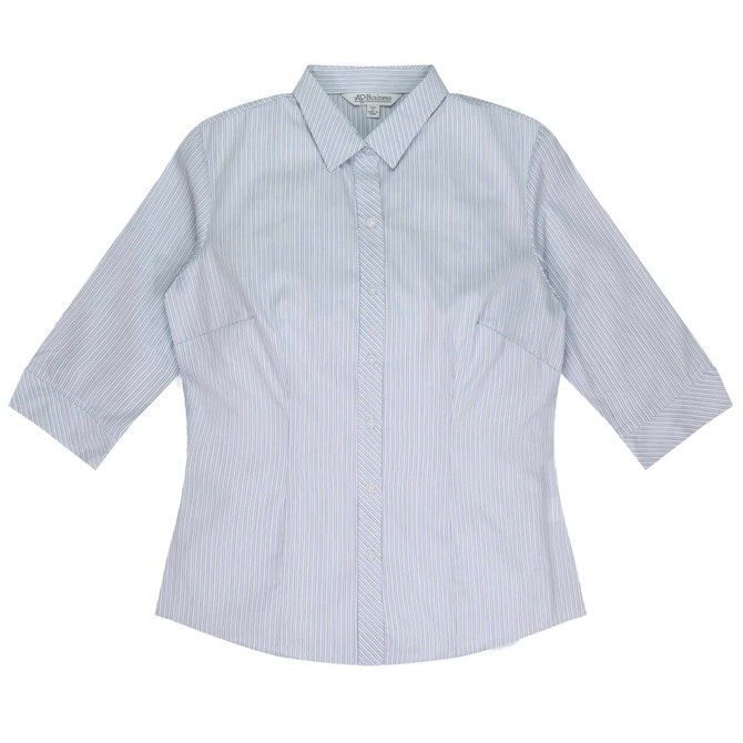 A button-up shirt with 3/4 sleeves, featuring a light blue and white striped pattern and a logo.