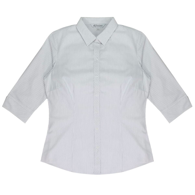 A light green and white striped button-up shirt with 3/4 sleeves and a collar. It features a logo on the design.