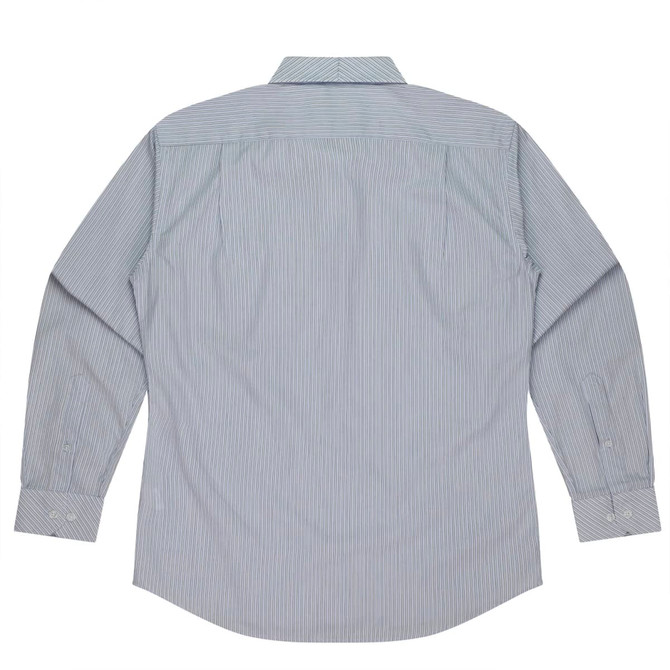 A long sleeve button-up shirt in a light blue and white striped pattern, featuring a back view with a logo.